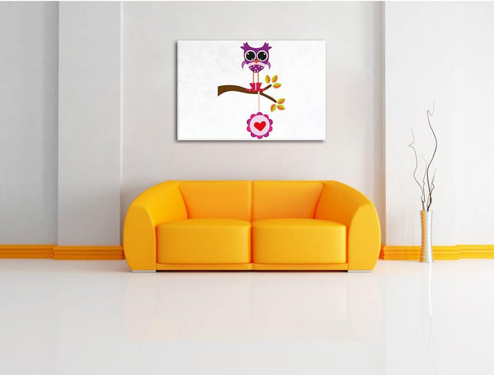 Pixxprint Süsse Eule auf AST mit Anhänger als Leinwandbild/Grösse: 100x70 cm/Wandbild/Kunstdruck/fer