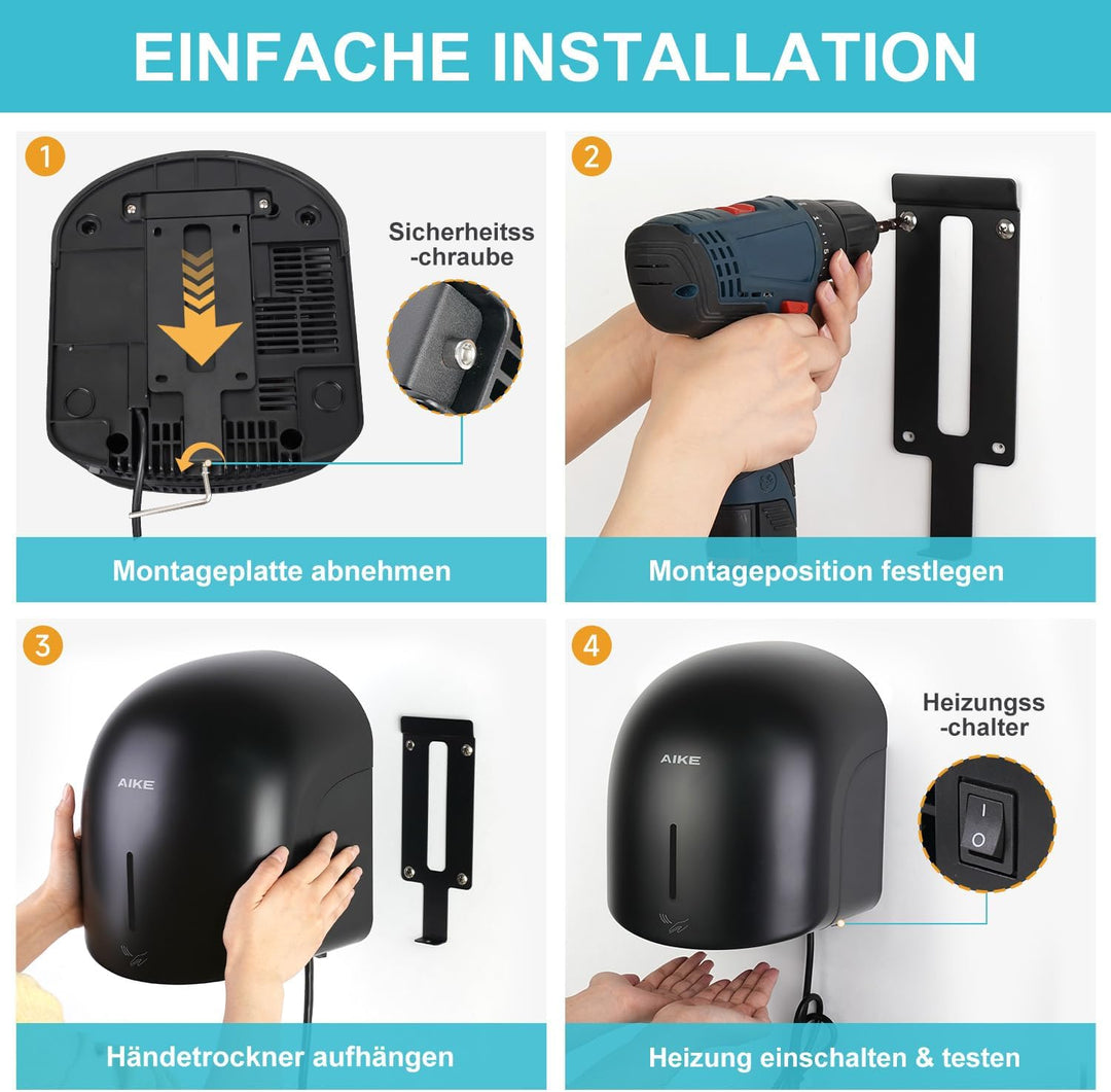 AIKE GentleAir Warmluft Handtrockner, Leise für Zuhause & Bäder, AC220V-240V, Mitternacht Schwarz, M