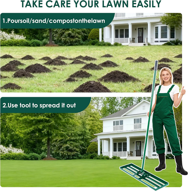 SogesHome Rasenrakel zum Rasen Sanden - Edelstahl Rasenlevelierrakel mit Stiel, Lawn Leveling Rake f