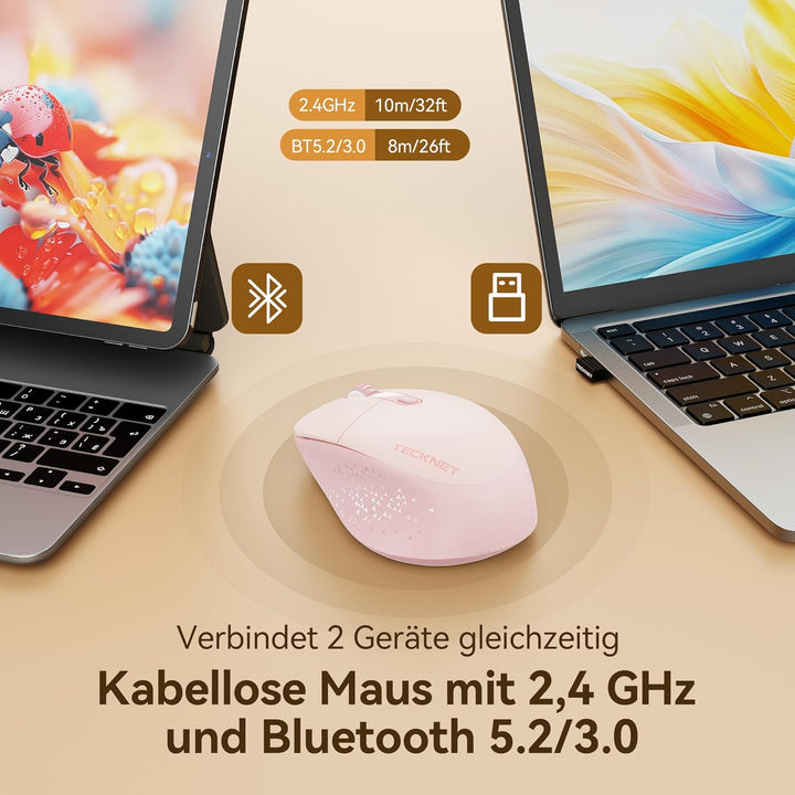 TECKNET Classic Kabellose Maus, Silent Bluetooth Maus (Tri-Modus BT5.2/3.0+2.4G), Wiederaufladbar Er