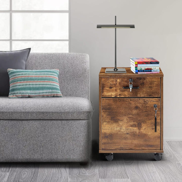 CLIPOP Rollcontainer Abschliessbare Aktenschrank Holz mit Schublade und Geschlossenem Speicher,Mobil