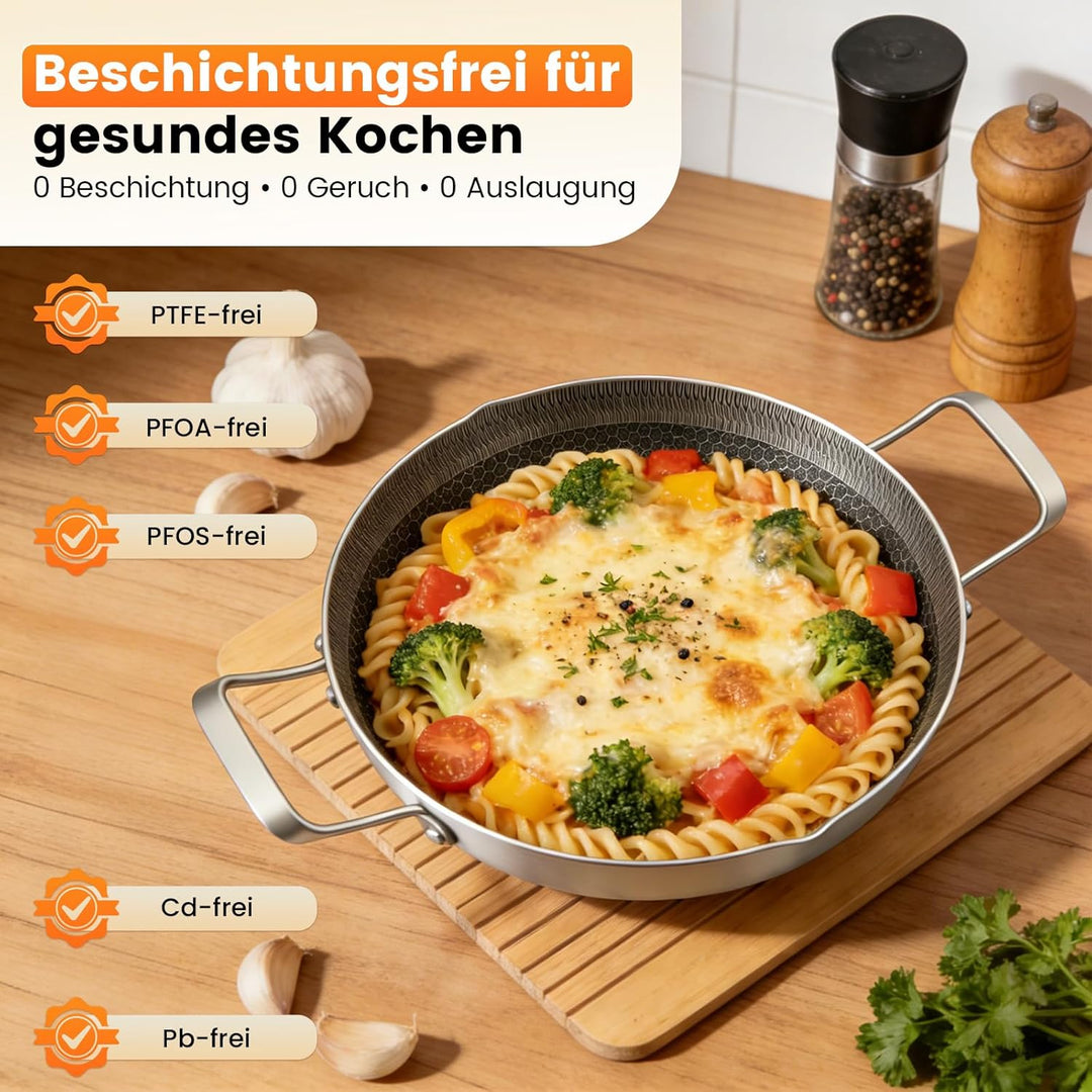 Schmorpfanne hoher Rand, Pfanne mit Deckel aus Glas,Wabenpfanne mit kratzfester Antihaftbeschichtung