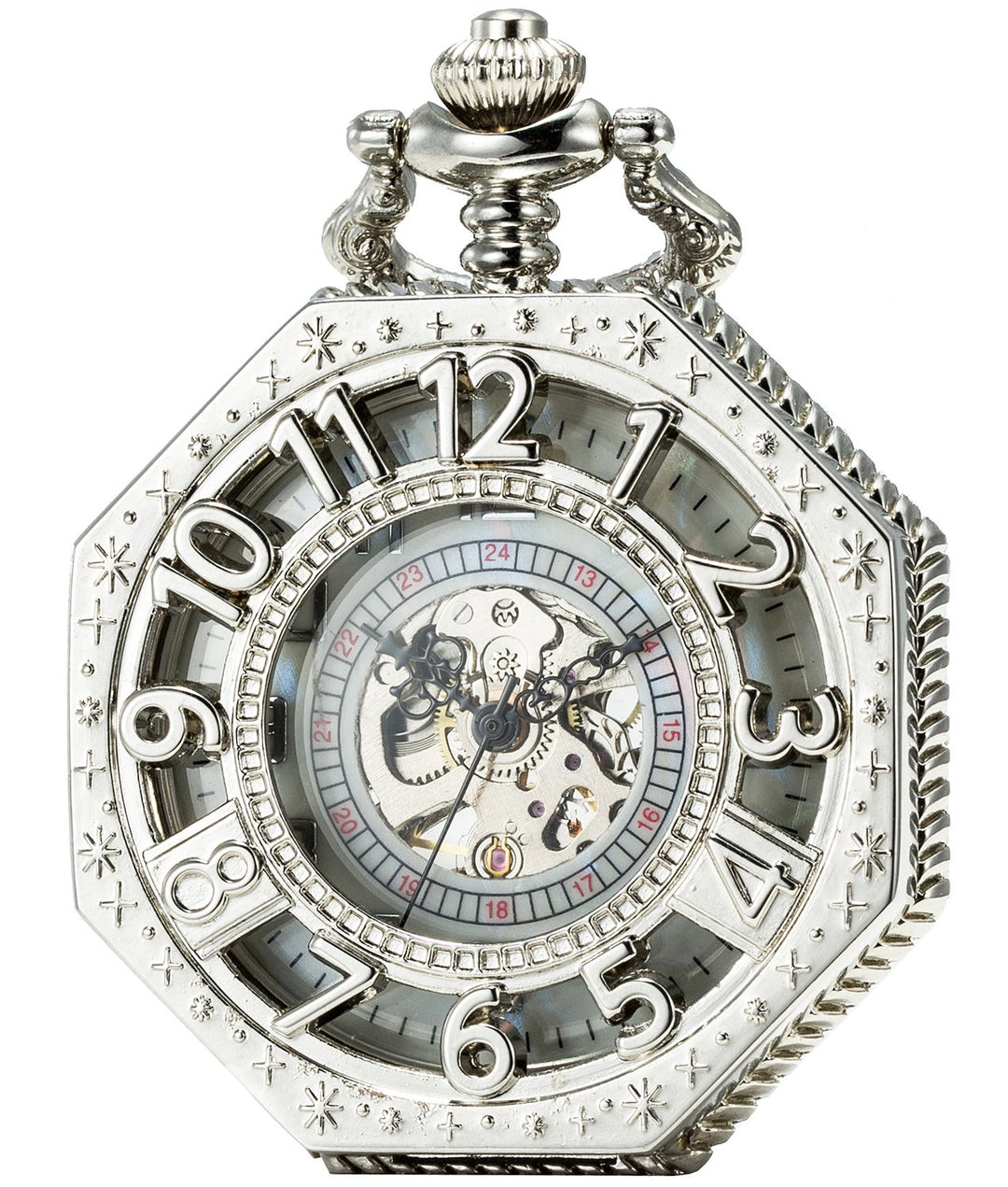 SEWOR Octagon Old School Stil Hohl arabischen Zahlen Mechanische Handaufzugwerk Taschenuhr Silber, S