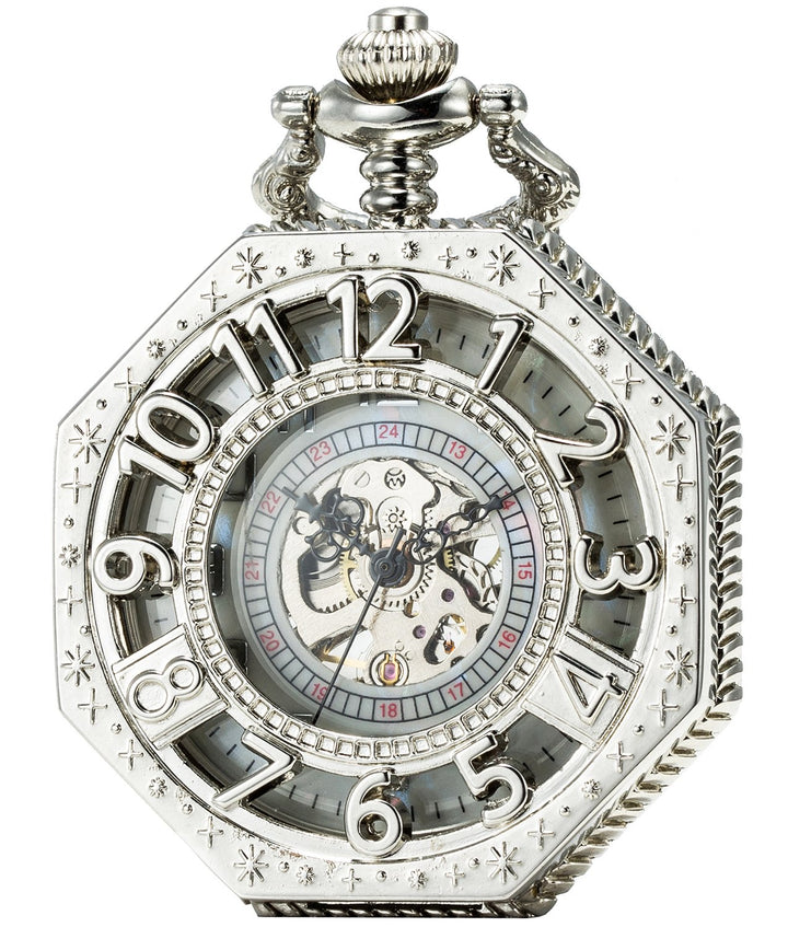 SEWOR Octagon Old School Stil Hohl arabischen Zahlen Mechanische Handaufzugwerk Taschenuhr Silber, S