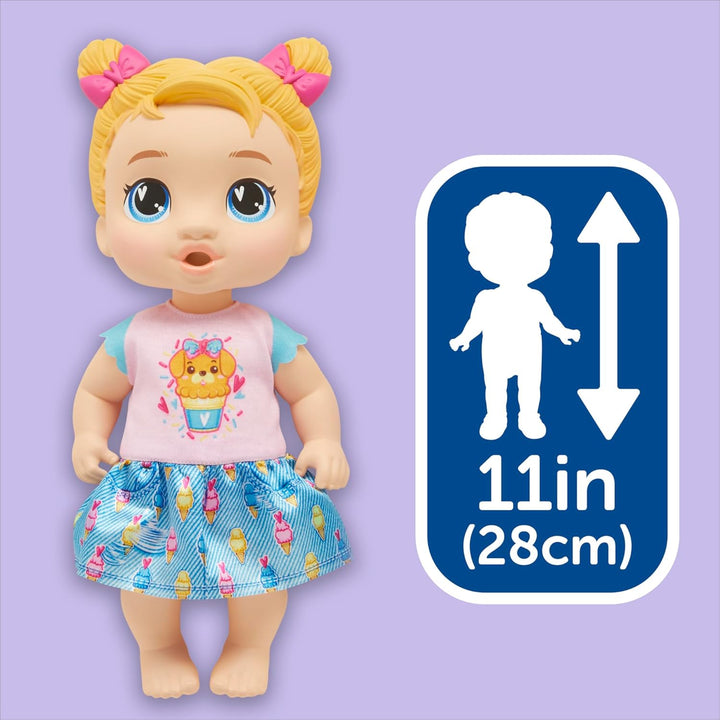 Baby Alive Süsses Schleckerbaby Harper Hugs Puppe mit Spiel-Lebensmitteln, Blonde Haare, 28 cm, Spie