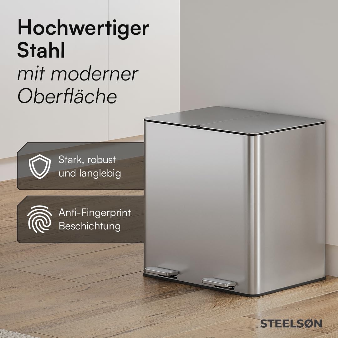 STEELSØN Gloas Mülleimer 2 Fächer – Mülltrennsystem Küche 2x15 L aus Edelstahl Silber – Tretmülleime