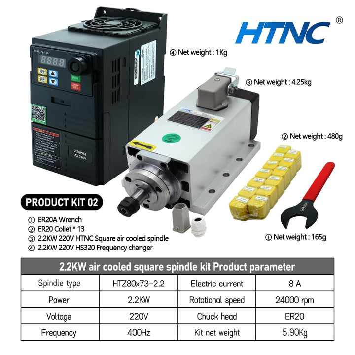 CNC-Spindelmotor 2.2 kW, 2200 W, 220 V, 400 Hz, 24000 U/min, luftgekühltes Spindel mit 2.2 kW HS320