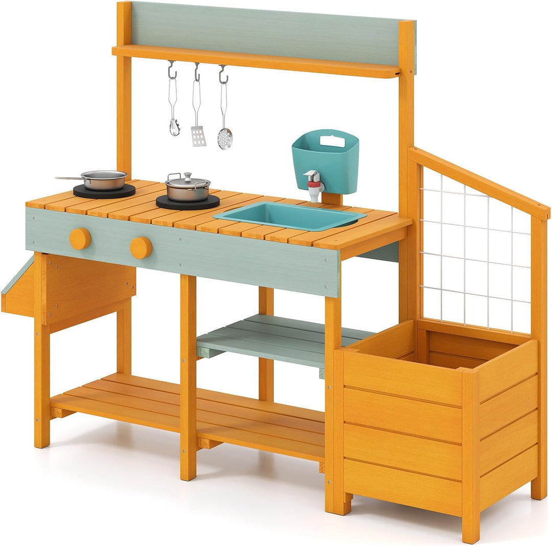 COSTWAY Matschküche Kinder Outdoor, Kinderküche mit Pflanzkasten & Rankgitter, Holzküche mit Wasserf