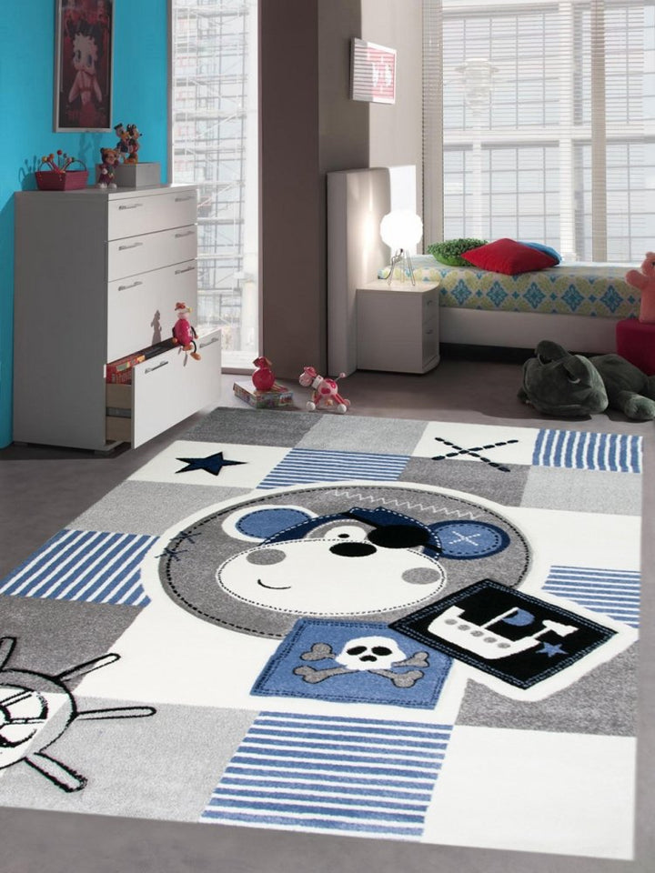 CARPETIA Teppich Kinderzimmer Babyzimmer Jungen AFFE Pirat blau crème grau schwarz Grösse 80 cm Rund