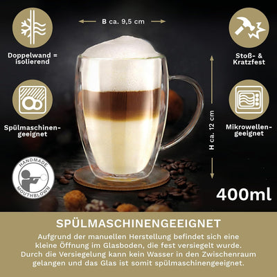 Creano doppelwandiges Thermoglas mit Henkel 400ml, grosses Doppelwandglas aus Borosilikatglas, Kaffe