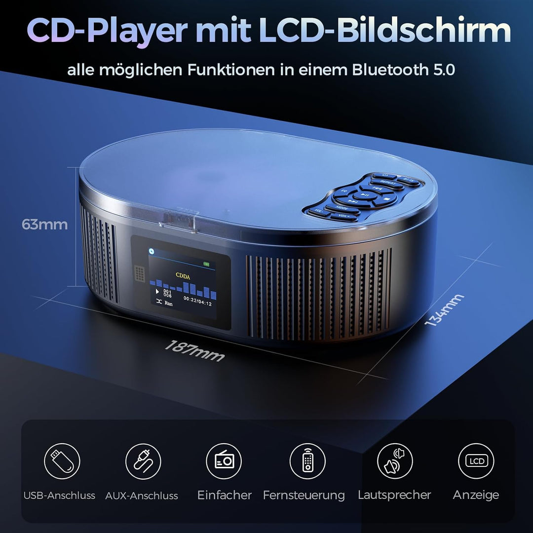 Desobry Tragbarer CD-Player mit Bluetooth, Grossem LCD-Display, Akku, Lautsprecher, AUX, USB, UKW-Ra