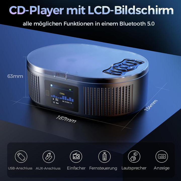 Desobry Tragbarer CD-Player mit Bluetooth, Grossem LCD-Display, Akku, Lautsprecher, AUX, USB, UKW-Ra