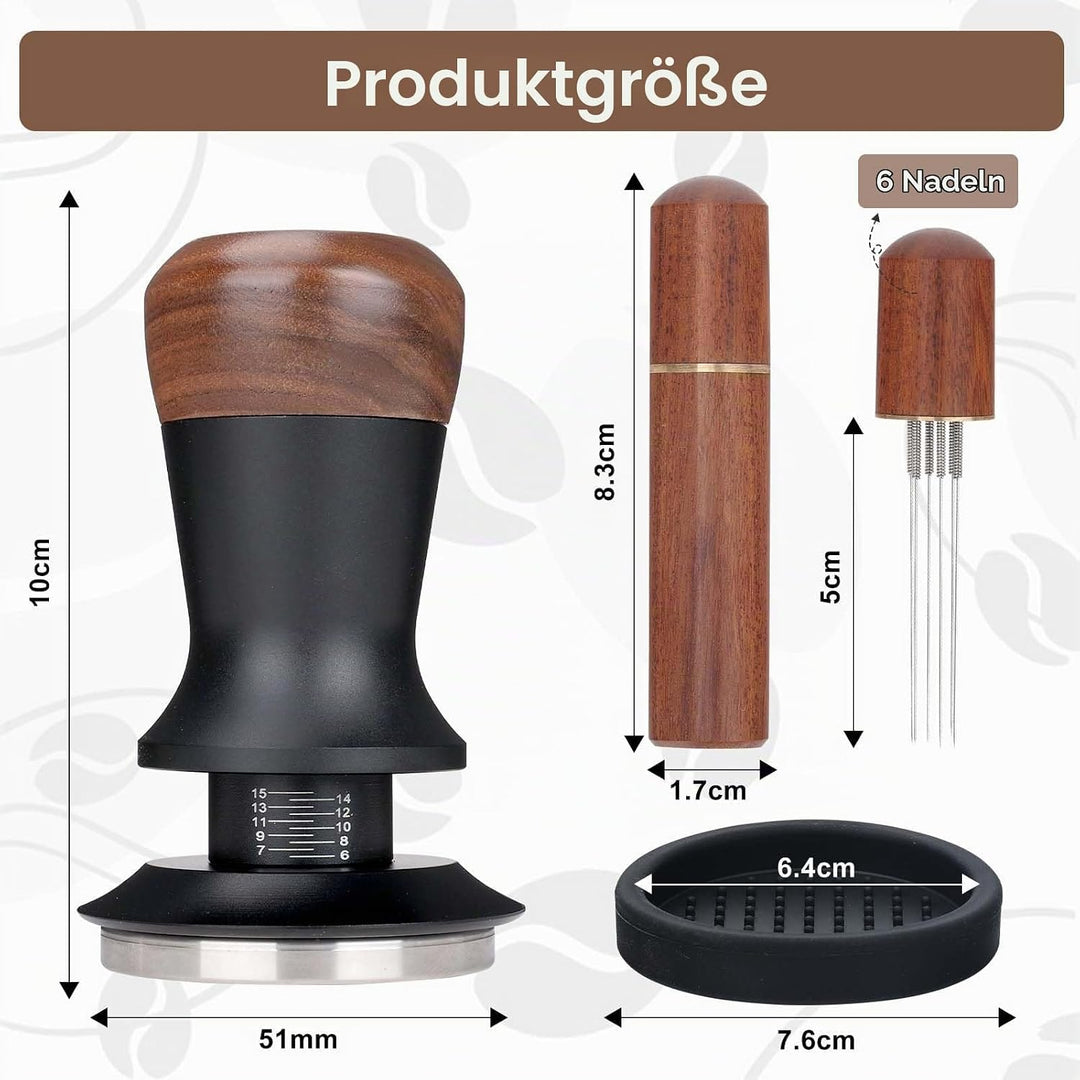 Kaffee Tamper Set: Tamper 51mm mit Holzgriff-WDT Tool mit 6 Nadel-Silikon Tampermatte, Kaffeestampfe