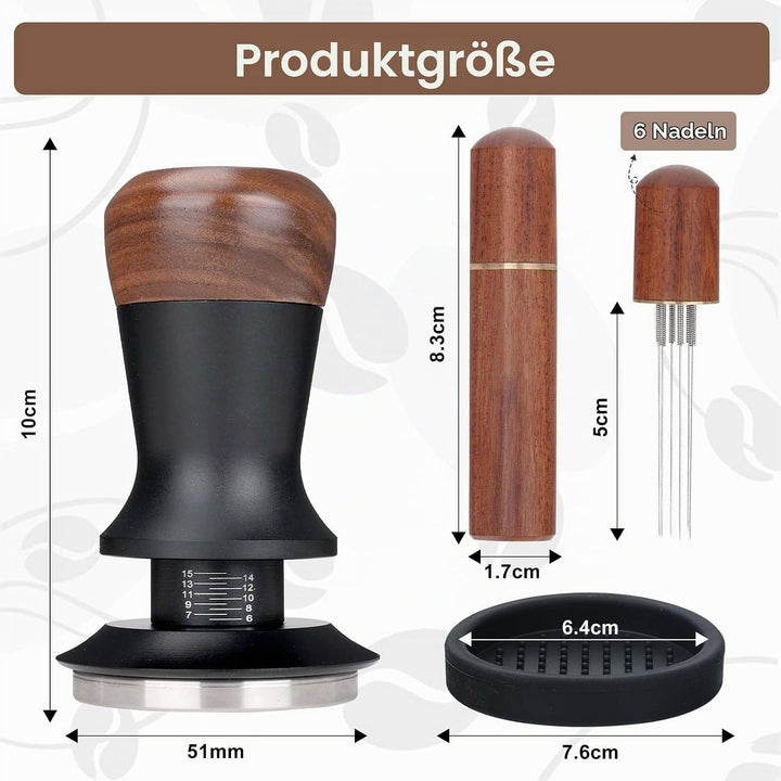 Kaffee Tamper Set: Tamper 51mm mit Holzgriff-WDT Tool mit 6 Nadel-Silikon Tampermatte, Kaffeestampfe