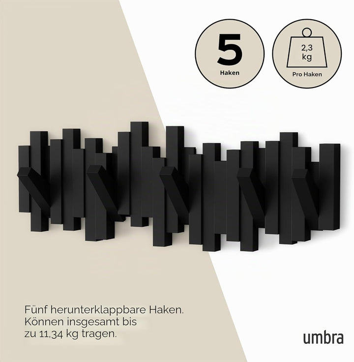 Umbra Stäbchen Garderobenhaken – Moderne und Platzsparende Garderobenleiste mit 5 Beweglichen Haken