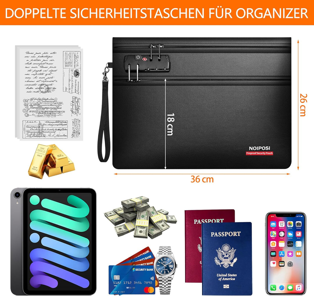 Noiposi 6400℉ Feuerfeste Dokumententasche mit Schloss, 12-lagige Wärmedämmung | Doppeltem Reissversc