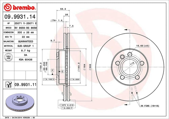 Brembo 09.9931.11 Vordere Bremsscheibe, Anzahl 2