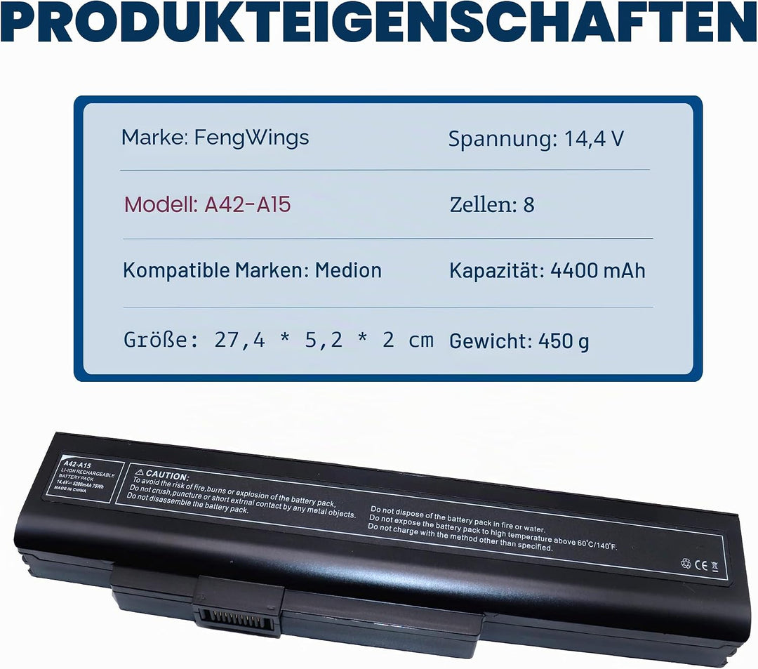 FengWings® Akku A42-A15, 14.4V 4400mAh Akku Ersetzen für Medion akoya P7818 E7220 E7222 E6222 E7219