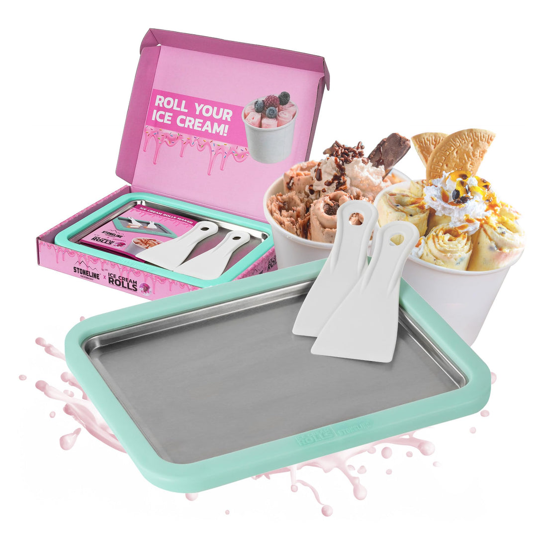 STONELINE by Mr. Ice Cream Rolls ORIGINAL Ice Cream Rolls Maker Eisplatte Mint 26x21x3,5 cm mit 2 Sp