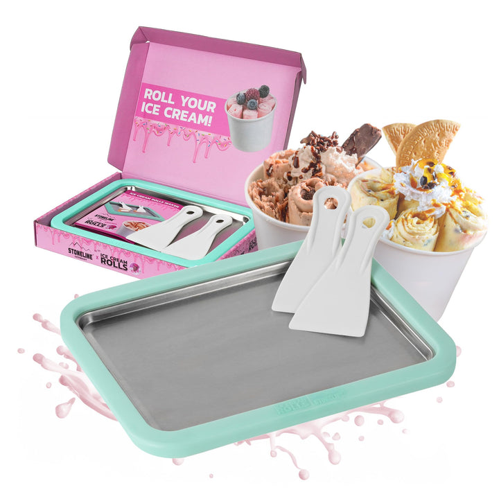 STONELINE by Mr. Ice Cream Rolls ORIGINAL Ice Cream Rolls Maker Eisplatte Mint 26x21x3,5 cm mit 2 Sp