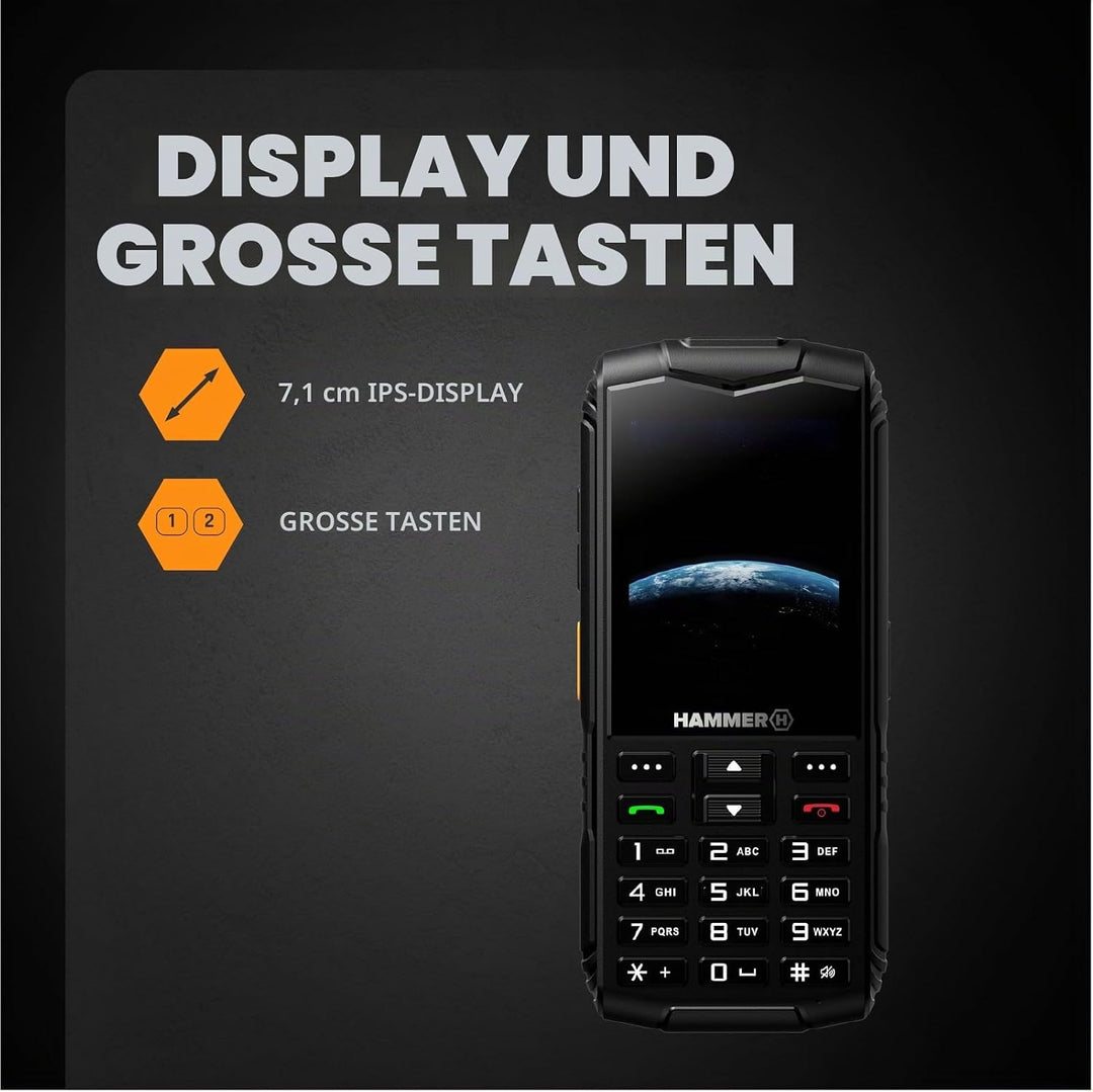Hammer H Horizon LTE Outdoor Handy ohne Vertrag, 3000mAh Akku, 64 GB, 2,8" IPS Display, grosse Taste