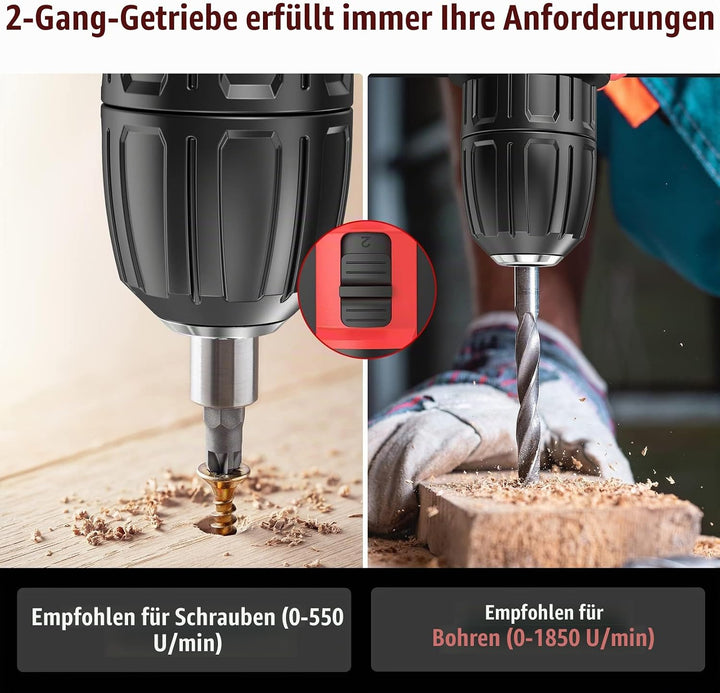 Akkuschrauber 21V, Akku Bohrschrauber mit 2 Akkus 2.0Ah, 42Nm Akku Bohrmaschine, 2 Gang, 25+3 Drehmo