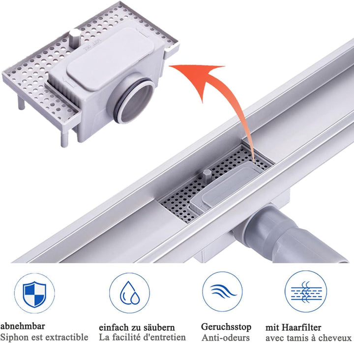 Duschrinne 40 cm Komplettset, Edelstahl Ablaufrinne, Extra flache befliesbare Duschrinne mit Haarsie