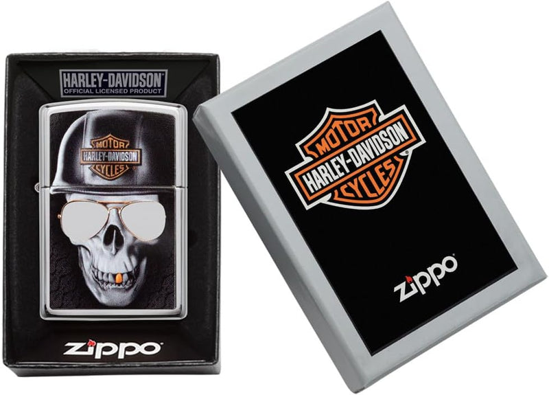 Zippo Sturmfeuerzeug mit Totenkopf-Motiv, Unisex, mit Sonnenbrille, goldfarbener Zahn, Chrom, regulä