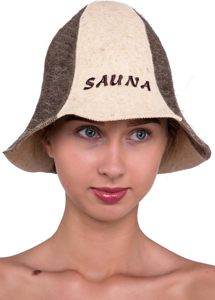Ger3as Saunahut 100% Wolle Filz Natürlich mit Stickerei für Damen und Herren, Wellness Mütze Premium