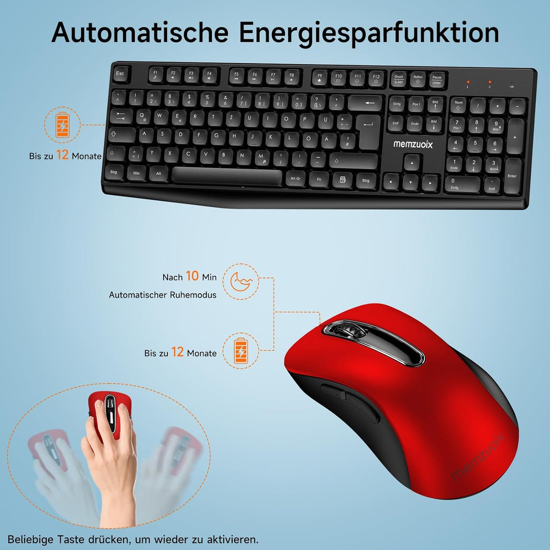 QWERTZ Kabelloses Tastatur Maus Set, Full Size 105-Tasten Tastatur mit Nummernblock, 2.4GHz Funk mit