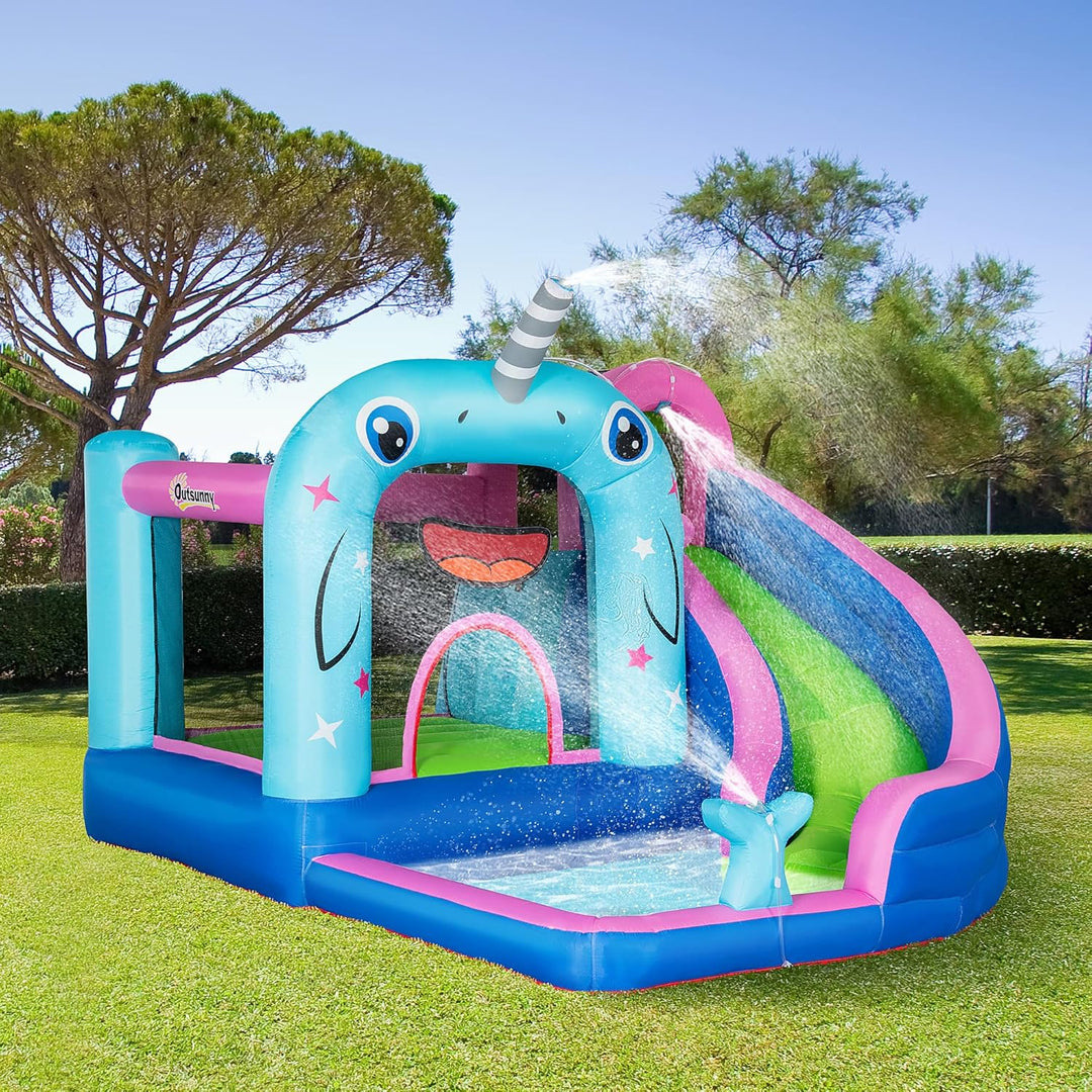 Outsunny Aufblasbare Hüpfburg mit Gebläse, Wasserspielcenter inkl. Sicherheitsnetz, Wasserrutsche, S