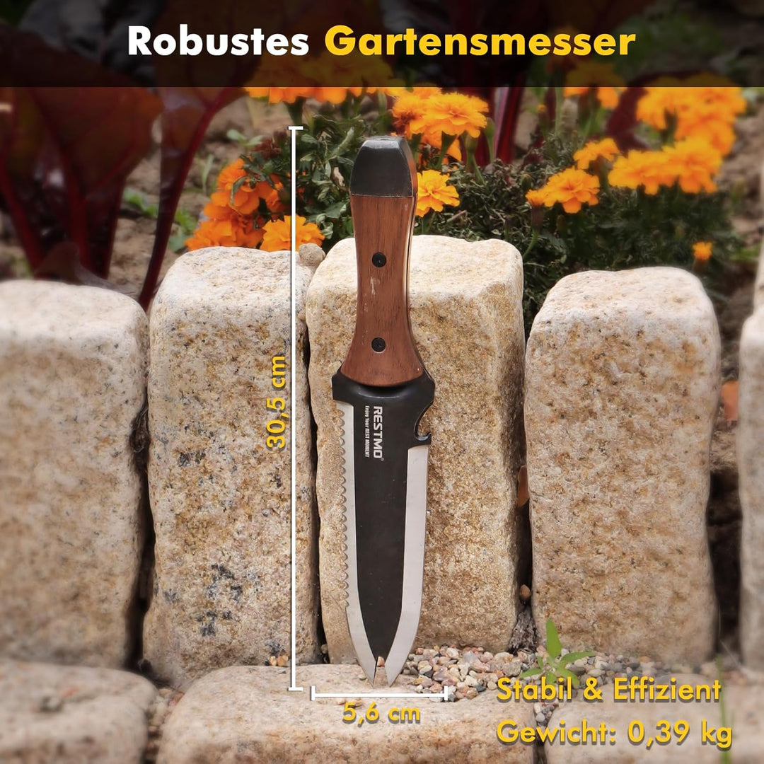 RESTMO Hori Hori Gartenmesser, doppelseitiges Gärtnermesser mit Sägezahnung | Doppelspitzendesign, E