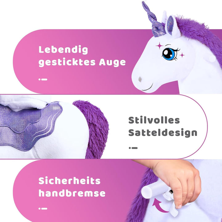 PonyCycle® Einhorn Reitpferd | für Kinder 4–7 Jahre, 90cm | Lila Plüsch Schaukelpferd auf Rollen mit