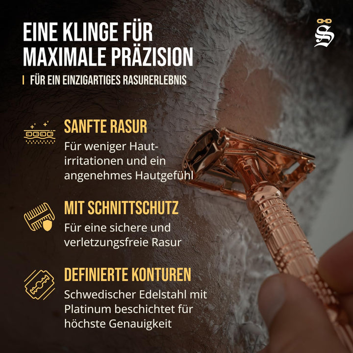 Störtebekker® Premium Rasierhobel im handgefertigten Leder-Etui | Rasier-Set mit 10 Rasierklingen, R