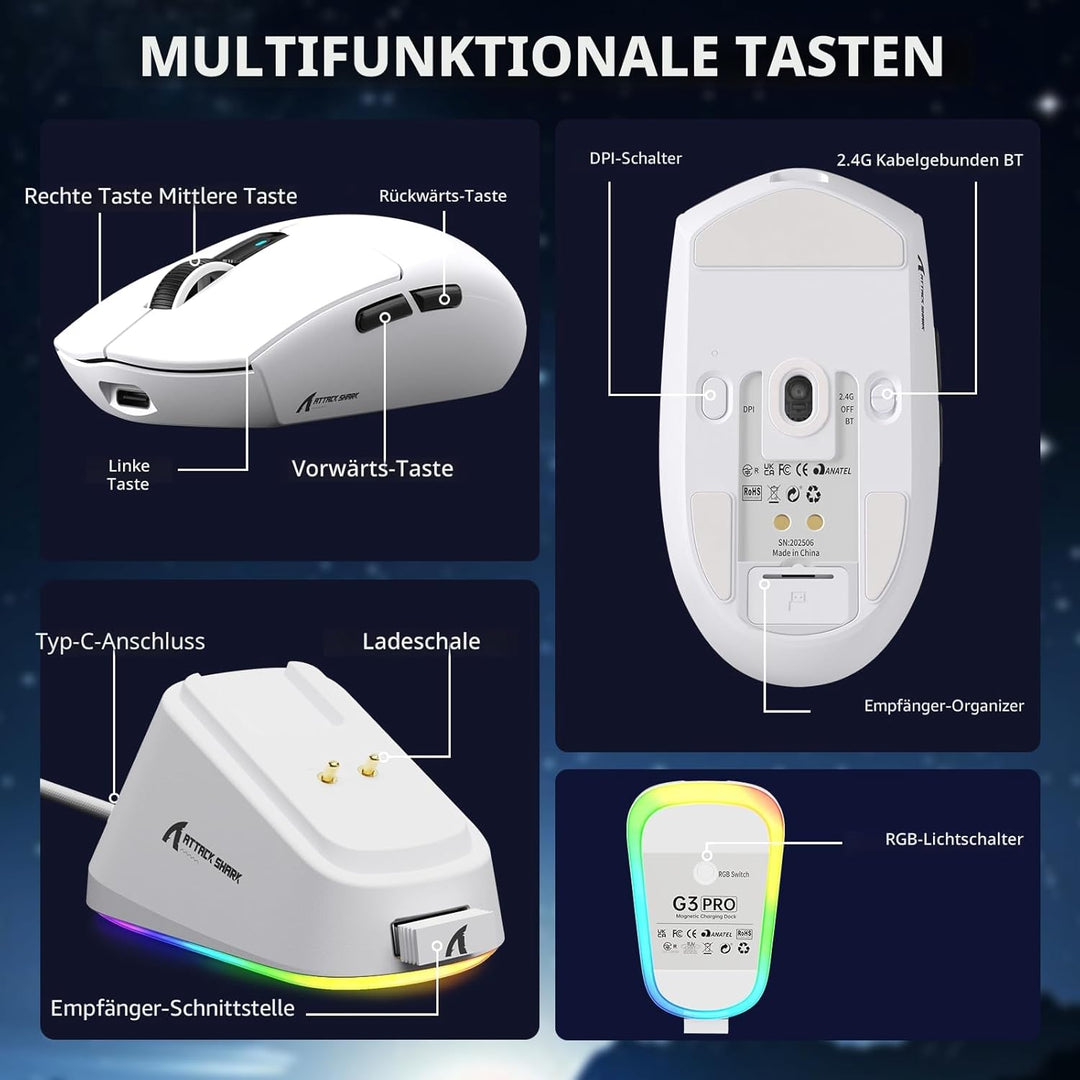 ATTACK SHARK G3PRO Kabellose Gaming-Maus mit Magnetischer Ladestation, PixArt PAW3311-Sensor, Bis zu