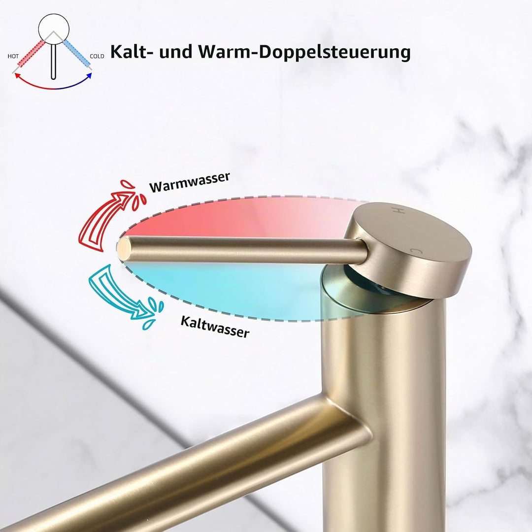 PHASAT Wasserhahn Bad Gold Mischbatterie Einhebelmischer Waschbecken Armaturen Waschtischarmatur Hoc