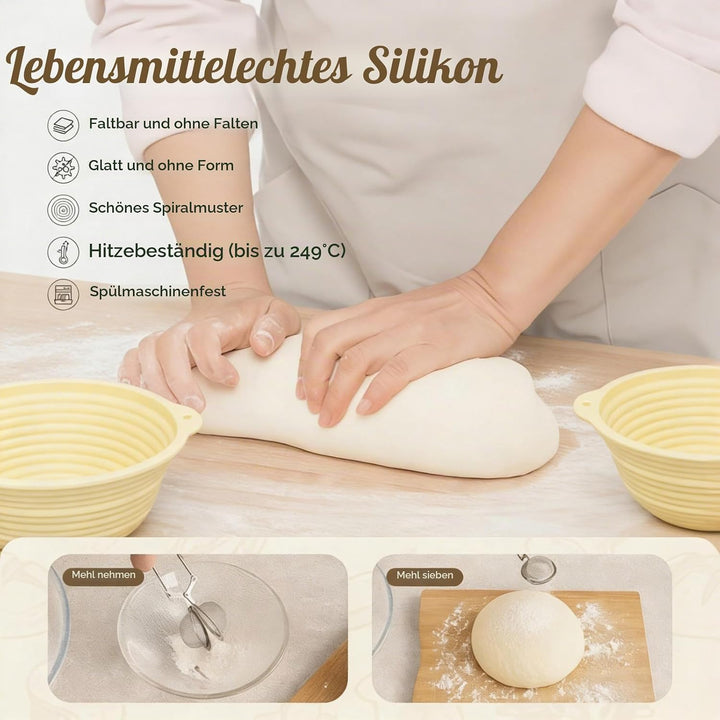 Gärkörbchen Sauerteig Starter Set Silikon 23cm Rund &amp; 25cm Oval Gärkorb mit 650ML Sauerteig Glas Fal