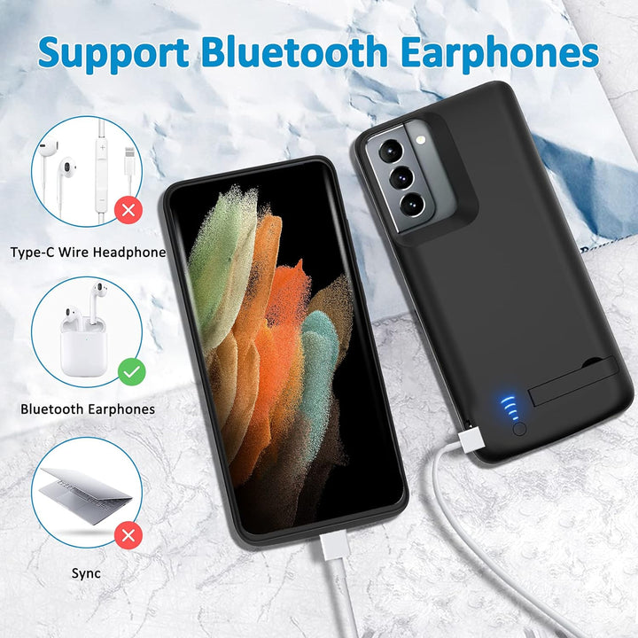 Gladgogo Akku Hülle für Samsung Galaxy S21, [4800 mAh] Battery Case Akkuhülle Mit klappbarem Ständer