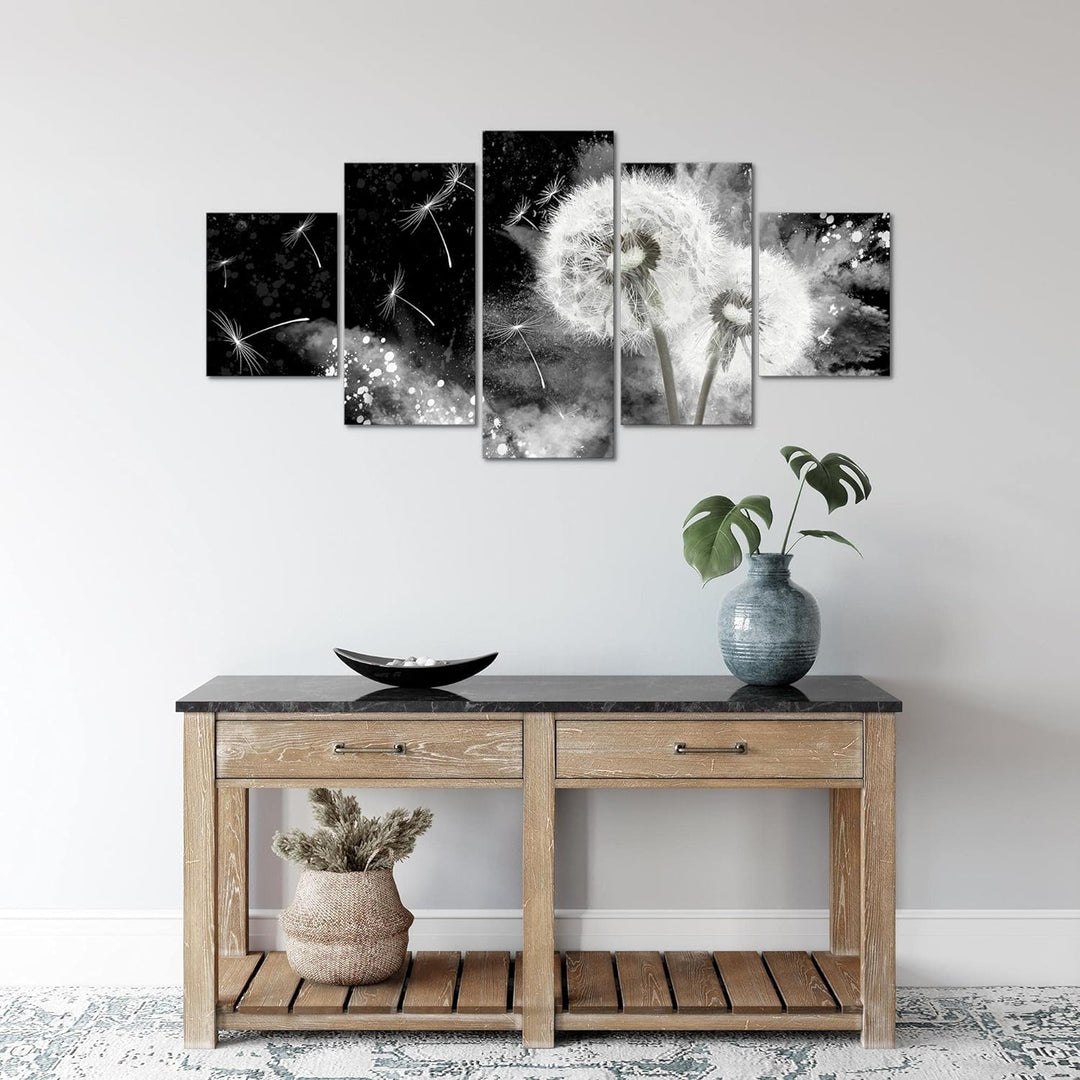 Runa Art Wandbilder Blumen Pusteblume 5 Teilig Bild auf Vlies Leinwand Deko Wohnzimmer Abstrakt Schw