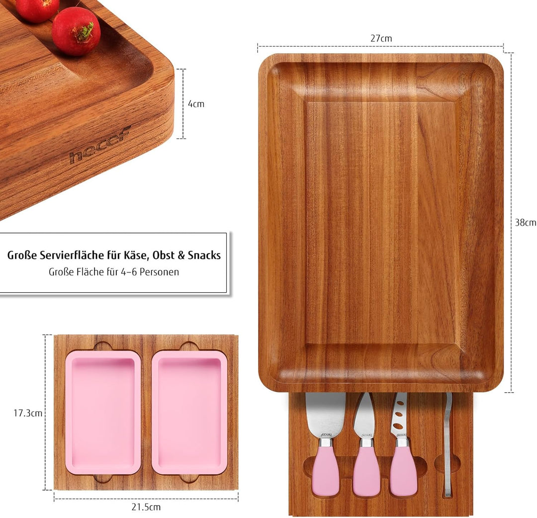 hecef Käseplatte Holz, Grosses käsebrett mit messern, Dessertgabeln, 2 Magnet-Schubladen & rosa Sili