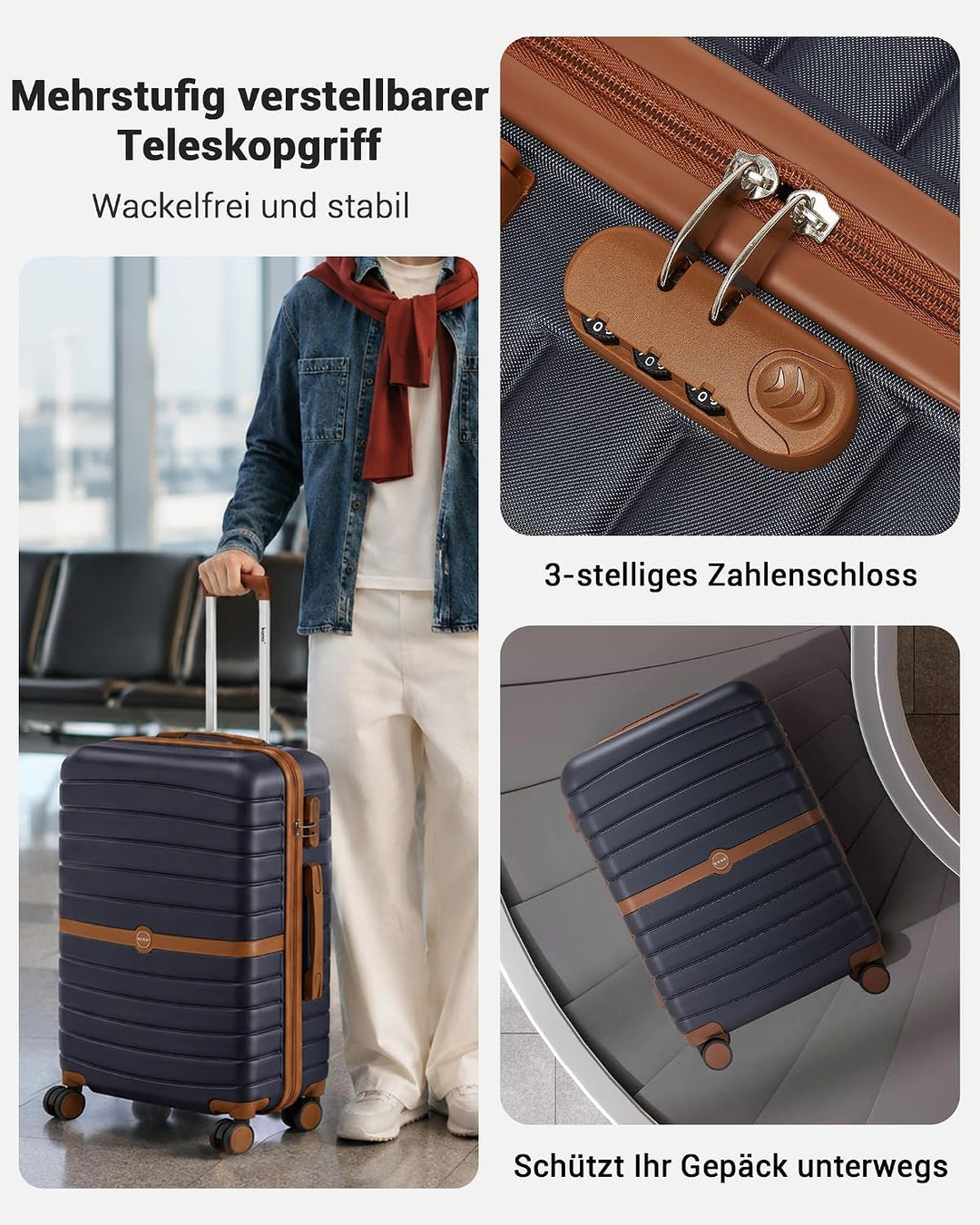 KONO Koffer Reisekoffer Trolley Koffer Gross von ABS+PC Hartschalenkoffer mit Zwillingsrollen und Za
