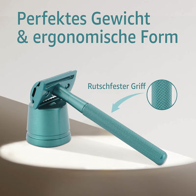 ANYMALE® Plastikfreier Rasierhobel Azure Edition - Set mit Ständer und 5 ASTRA Klingen - Nassrasiere