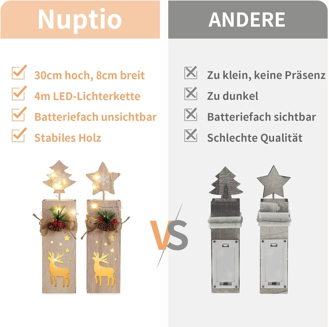 NUPTIO Weihnachtsdeko Holz Rentier Fensterbank - 30cm Höhe 2 Stück LED Dekosäule Holzdeko Weihnachte