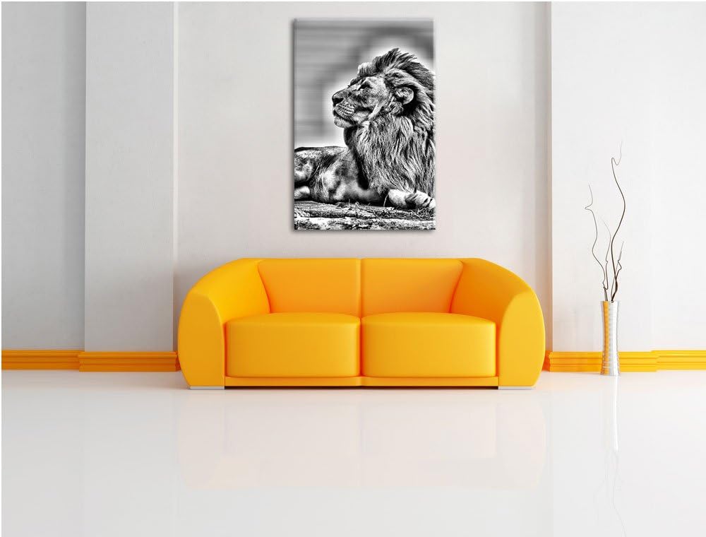 Monocrome, liegender Löwe, Format: 100x70 auf Leinwand, XXL riesige Bilder fertig gerahmt mit Keilra