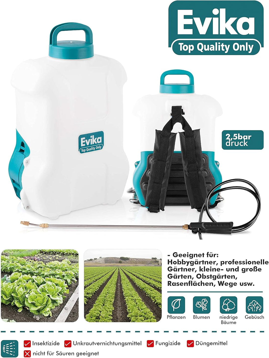 EVIKA Akku Drucksprüher 16 Liter inkl. Li-Ion Batterie und Ladegerät, für Garten/Weingut/Rasen, Rück