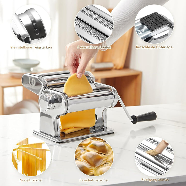 ROSSETTO Manuelle Nudelmaschine mit Trockner, Edelstahl Pastamaschine mit 9 Teigstärken, 2 Schnittbr
