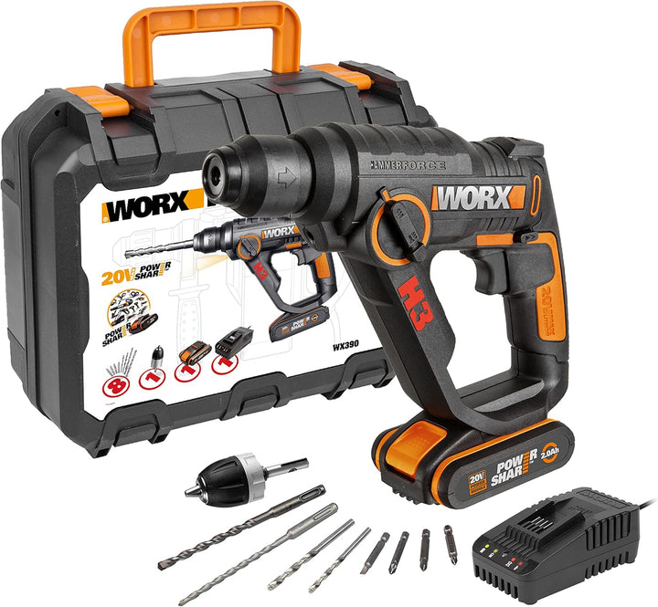 WORX WX390 Bohrhammer SDS-plus & WX092.9 Akku-Kompressor - 4 in 1: multifunktionale Luftpumpe 1,2 Jo
