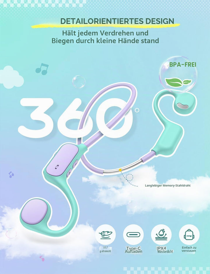iClever Kinder-Kopfhörer, Knochenleitung, offenes Ohr, Sicherheit, IPX5 wasserdicht, 360° Biegung, l