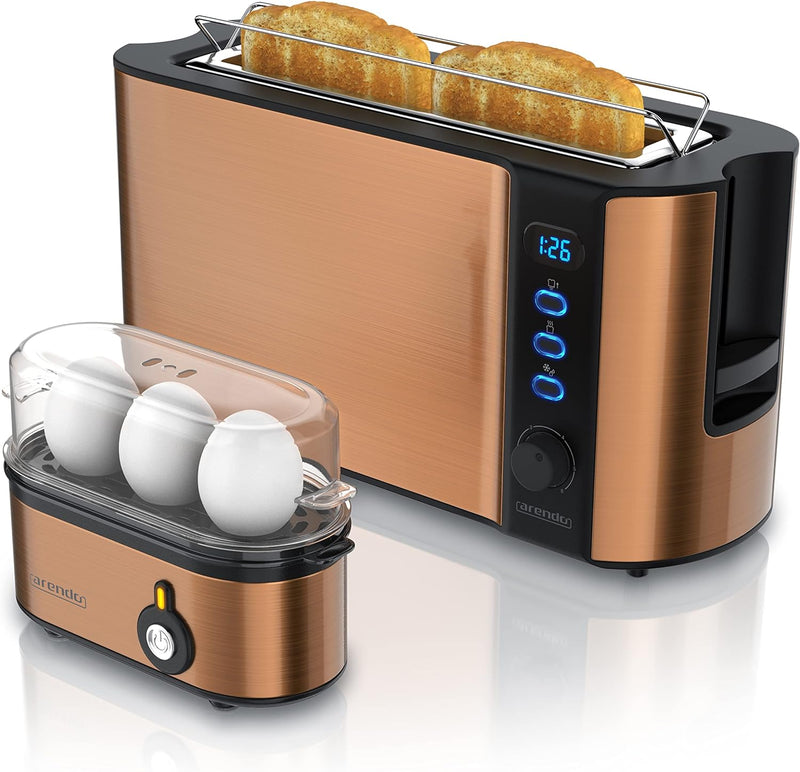 Arendo - SET Toaster FRUKOST und Eierkocher THREECOOK Edelstahl Kupfer – Toaster 2 Scheiben, LED-Dis