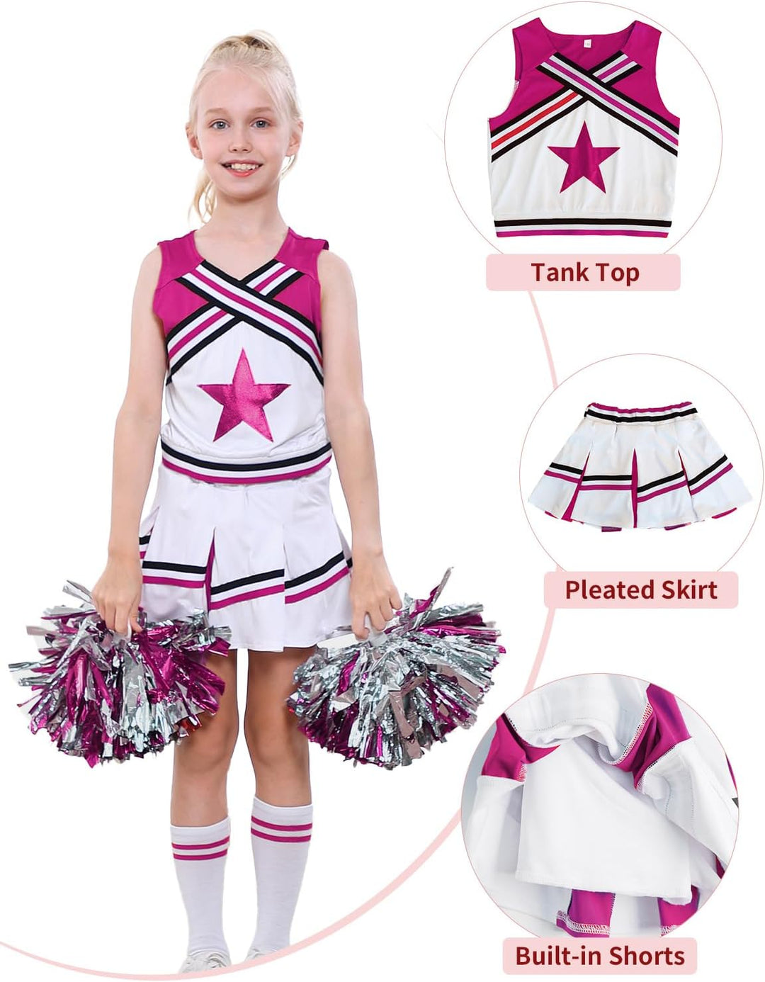 LOLANTA Mädchen Karneval Kostüm, Cheerleader kleid mit Pompoms und Socken, Mittelschule Cheerleading